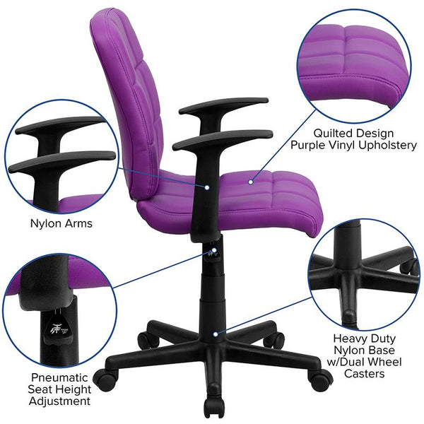 Flash Furniture Mid-Back Purple Quilted Vinyl Swivel Task Chair with Arms - GO-1691-1-PUR-A-GG