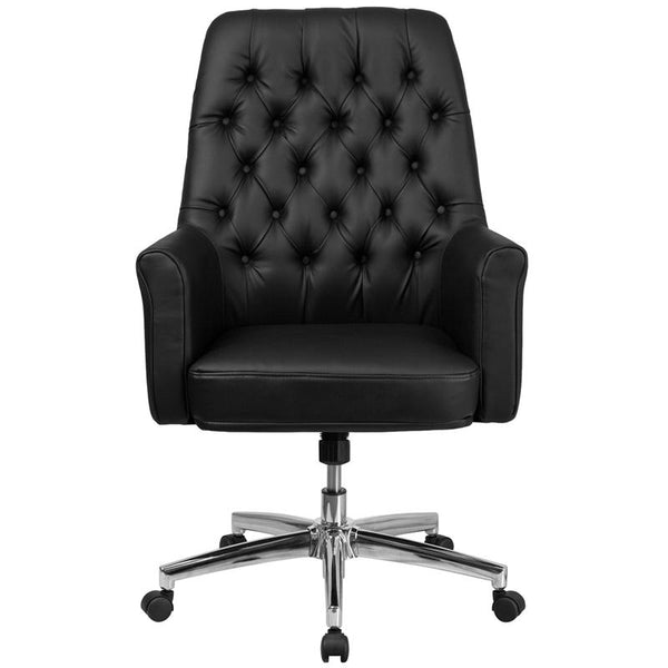 Flash Furniture Mid-Back Traditional Tufted Black Leather Executive Swivel Chair with Arms - BT-444-MID-BK-GG