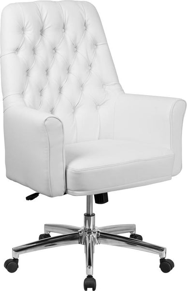 Flash Furniture Mid-Back Traditional Tufted White Leather Executive Swivel Chair with Arms - BT-444-MID-WH-GG