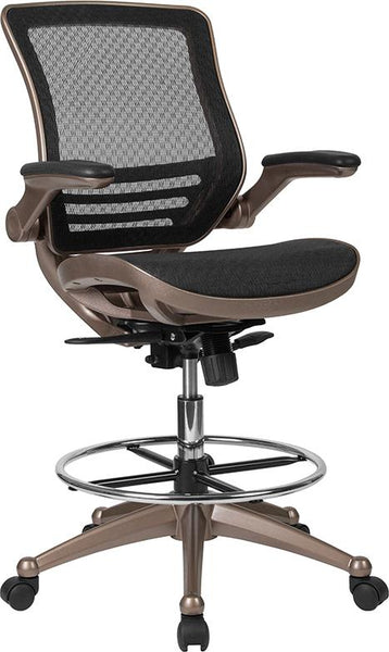 Flash Furniture Mid-Back Transparent Black Mesh Drafting Chair with Melrose Gold Frame and Flip-Up Arms - BL-LB-8801X-D-GG