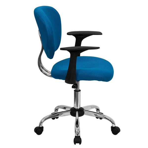 Flash Furniture Mid-Back Turquoise Mesh Padded Swivel Task Chair with Chrome Base and Arms - H-2376-F-TUR-ARMS-GG