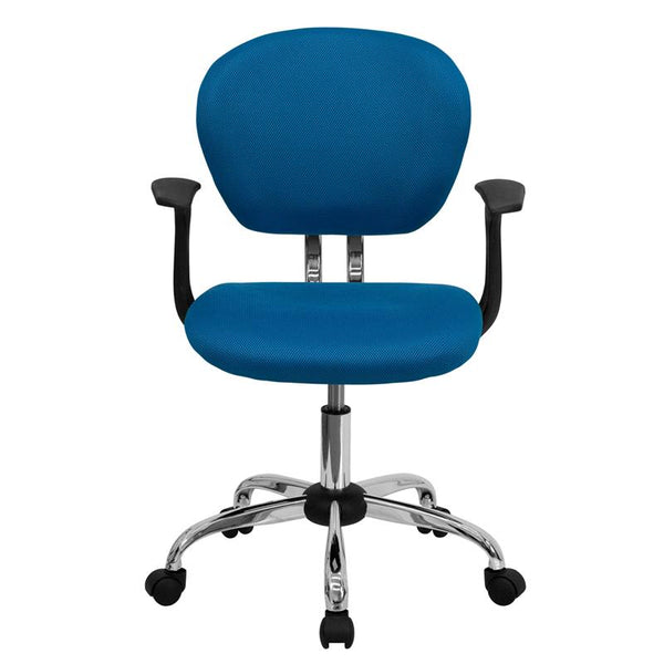 Flash Furniture Mid-Back Turquoise Mesh Padded Swivel Task Chair with Chrome Base and Arms - H-2376-F-TUR-ARMS-GG
