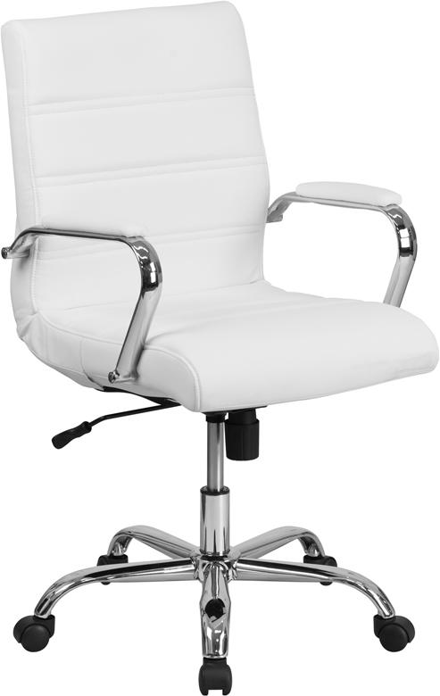 Flash Furniture Mid-Back White Leather Executive Swivel Chair with Chrome Base and Arms - GO-2286M-WH-GG