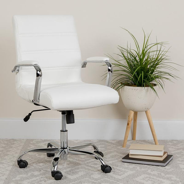 Flash Furniture Mid-Back White Leather Executive Swivel Chair with Chrome Base and Arms - GO-2286M-WH-GG