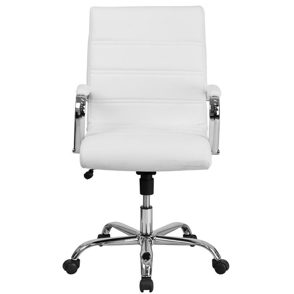 Flash Furniture Mid-Back White Leather Executive Swivel Chair with Chrome Base and Arms - GO-2286M-WH-GG