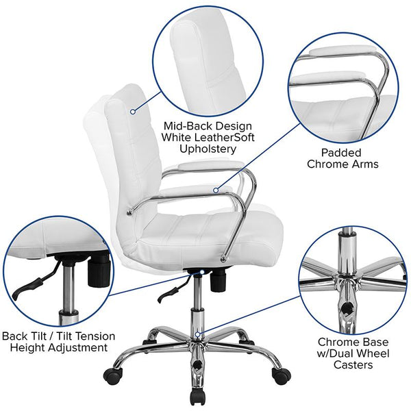 Flash Furniture Mid-Back White Leather Executive Swivel Chair with Chrome Base and Arms - GO-2286M-WH-GG