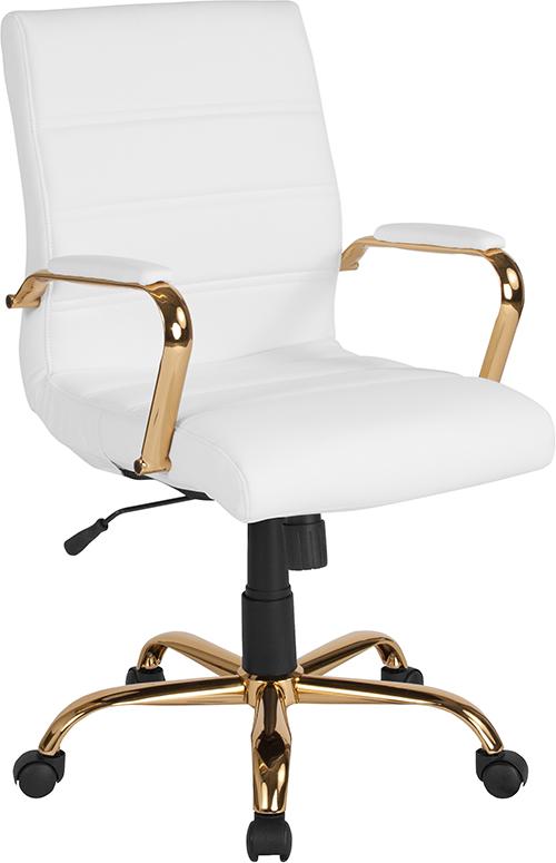 Flash Furniture Mid-Back White Leather Executive Swivel Chair with Gold Frame and Arms - GO-2286M-WH-GLD-GG