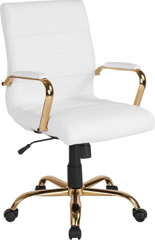 Flash Furniture Mid-Back White Leather Executive Swivel Chair with Gold Frame and Arms - GO-2286M-WH-GLD-GG