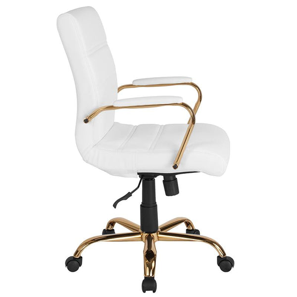 Flash Furniture Mid-Back White Leather Executive Swivel Chair with Gold Frame and Arms - GO-2286M-WH-GLD-GG