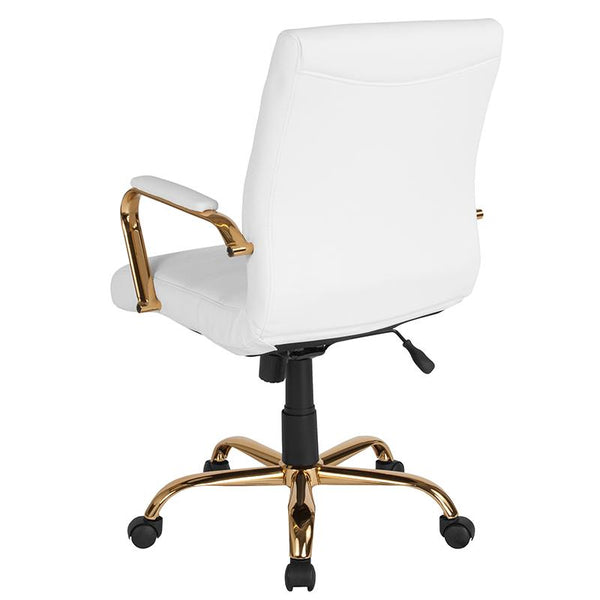 Flash Furniture Mid-Back White Leather Executive Swivel Chair with Gold Frame and Arms - GO-2286M-WH-GLD-GG