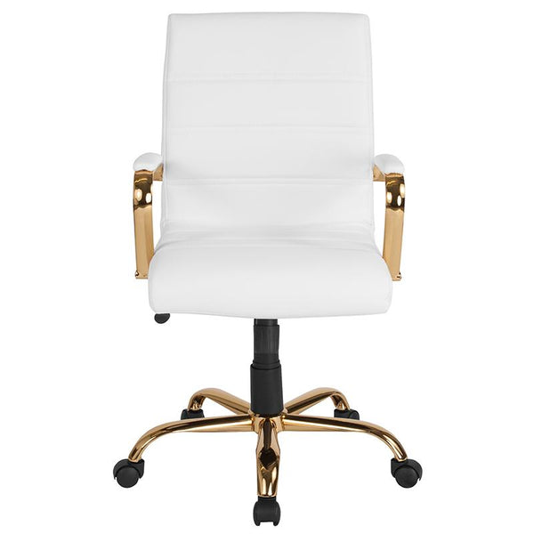 Flash Furniture Mid-Back White Leather Executive Swivel Chair with Gold Frame and Arms - GO-2286M-WH-GLD-GG
