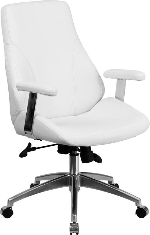 Flash Furniture Mid-Back White Leather Smooth Upholstered Executive Swivel Chair with Arms - BT-90068M-WH-GG