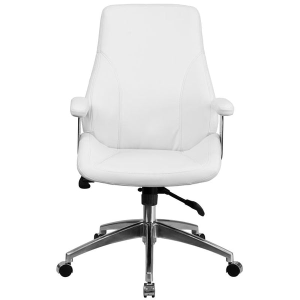 Flash Furniture Mid-Back White Leather Smooth Upholstered Executive Swivel Chair with Arms - BT-90068M-WH-GG