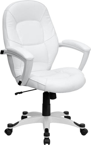 Flash Furniture Mid-Back White Leather Tapered Back Executive Swivel Chair with White Base and Arms - QD-5058M-WHITE-GG