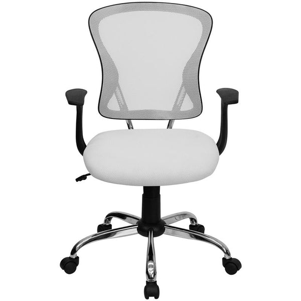 Flash Furniture Mid-Back White Mesh Swivel Task Chair with Chrome Base and Arms - H-8369F-WHT-GG