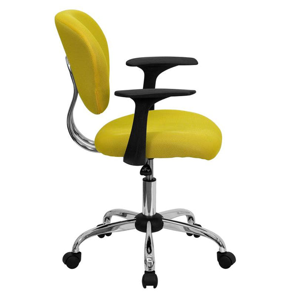 Flash Furniture Mid-Back Yellow Mesh Padded Swivel Task Chair with Chrome Base and Arms - H-2376-F-YEL-ARMS-GG