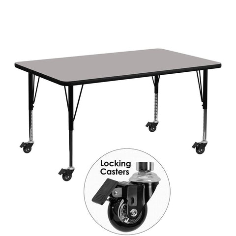 Flash Furniture Mobile 24''W x 48''L Rectangular Grey HP Laminate Activity Table - Height Adjustable Short Legs - XU-A2448-REC-GY-H-P-CAS-GG