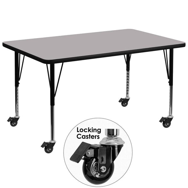 Flash Furniture Mobile 24''W x 48''L Rectangular Grey Thermal Laminate Activity Table - Height Adjustable Short Legs - XU-A2448-REC-GY-T-P-CAS-GG