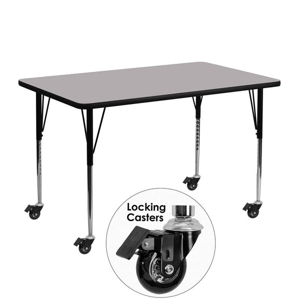 Flash Furniture Mobile 24''W x 48''L Rectangular Grey Thermal Laminate Activity Table - Standard Height Adjustable Legs - XU-A2448-REC-GY-T-A-CAS-GG