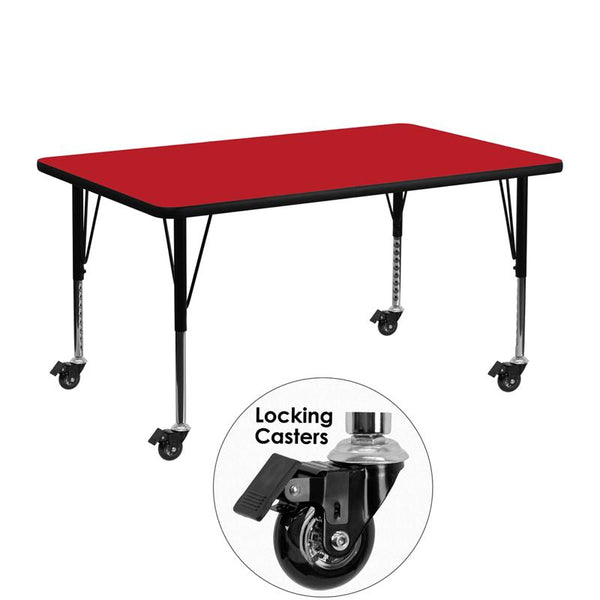 Flash Furniture Mobile 24''W x 48''L Rectangular Red HP Laminate Activity Table - Height Adjustable Short Legs - XU-A2448-REC-RED-H-P-CAS-GG