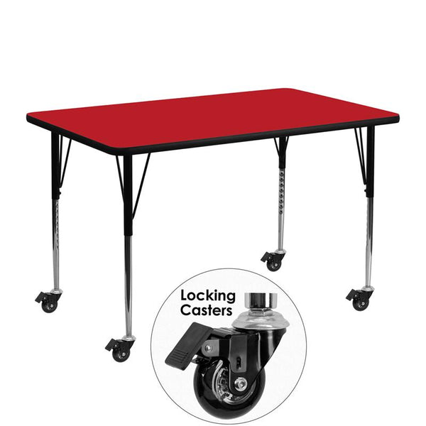 Flash Furniture Mobile 24''W x 48''L Rectangular Red HP Laminate Activity Table - Standard Height Adjustable Legs - XU-A2448-REC-RED-H-A-CAS-GG