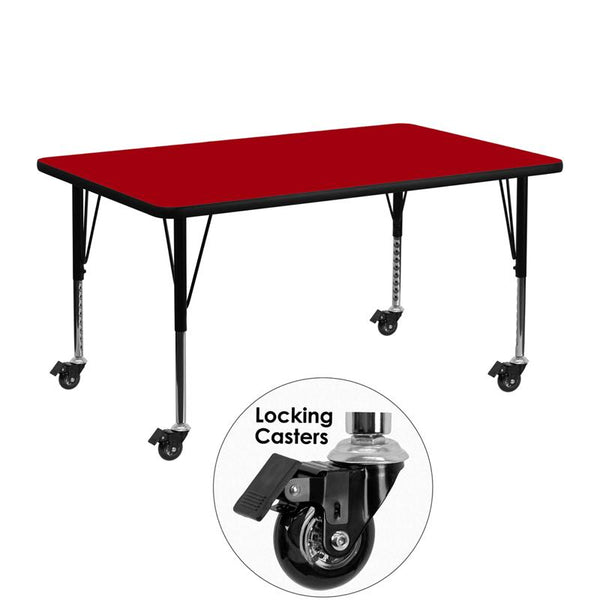 Flash Furniture Mobile 24''W x 48''L Rectangular Red Thermal Laminate Activity Table - Height Adjustable Short Legs - XU-A2448-REC-RED-T-P-CAS-GG