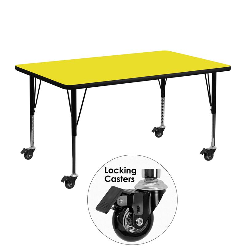 Flash Furniture Mobile 24''W x 48''L Rectangular Yellow HP Laminate Activity Table - Height Adjustable Short Legs - XU-A2448-REC-YEL-H-P-CAS-GG