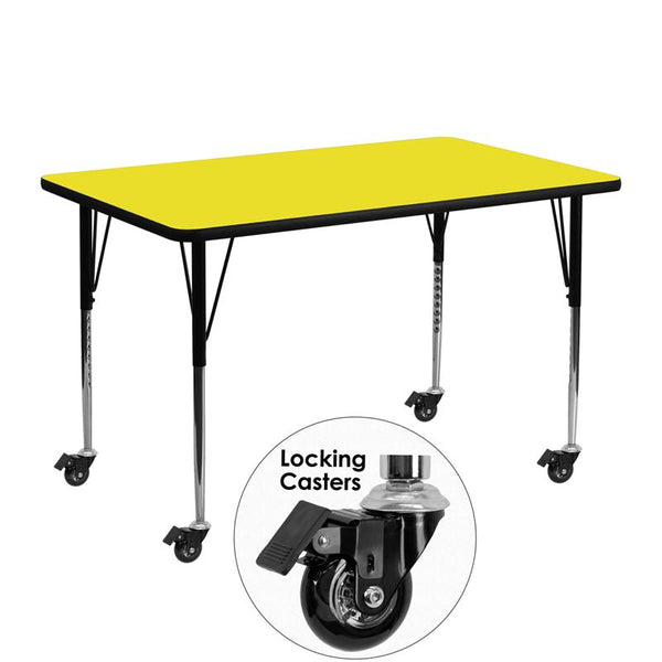 Flash Furniture Mobile 24''W x 48''L Rectangular Yellow HP Laminate Activity Table - Standard Height Adjustable Legs - XU-A2448-REC-YEL-H-A-CAS-GG
