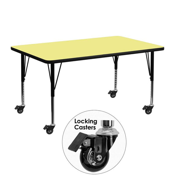 Flash Furniture Mobile 24''W x 48''L Rectangular Yellow Thermal Laminate Activity Table - Height Adjustable Short Legs - XU-A2448-REC-YEL-T-P-CAS-GG