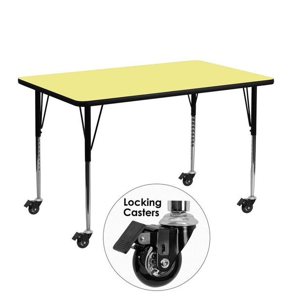 Flash Furniture Mobile 24''W x 48''L Rectangular Yellow Thermal Laminate Activity Table - Standard Height Adjustable Legs - XU-A2448-REC-YEL-T-A-CAS-GG