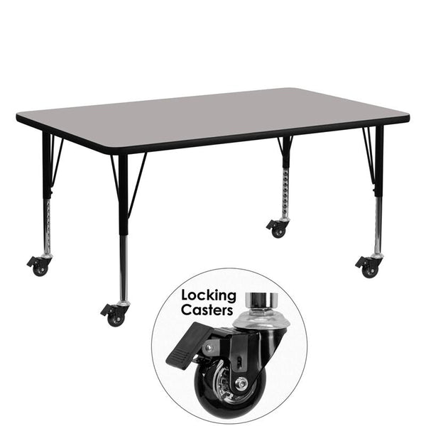 Flash Furniture Mobile 24''W x 60''L Rectangular Grey HP Laminate Activity Table - Height Adjustable Short Legs - XU-A2460-REC-GY-H-P-CAS-GG