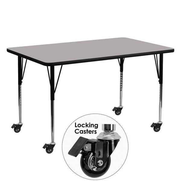 Flash Furniture Mobile 24''W x 60''L Rectangular Grey HP Laminate Activity Table - Standard Height Adjustable Legs - XU-A2460-REC-GY-H-A-CAS-GG
