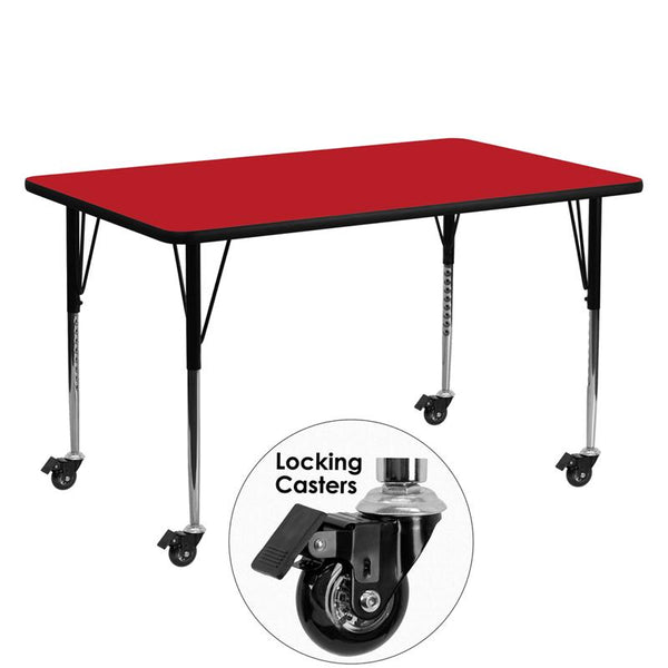 Flash Furniture Mobile 24''W x 60''L Rectangular Red HP Laminate Activity Table - Standard Height Adjustable Legs - XU-A2460-REC-RED-H-A-CAS-GG