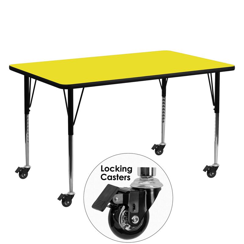 Flash Furniture Mobile 24''W x 60''L Rectangular Yellow HP Laminate Activity Table - Standard Height Adjustable Legs - XU-A2460-REC-YEL-H-A-CAS-GG