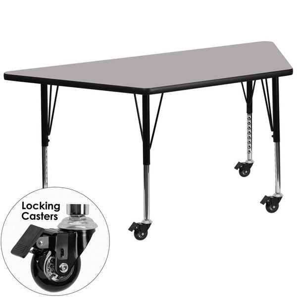 Flash Furniture Mobile 25''W x 45''L Trapezoid Grey HP Laminate Activity Table - Height Adjustable Short Legs - XU-A2448-TRAP-GY-H-P-CAS-GG