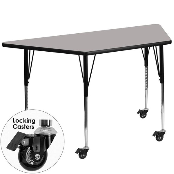 Flash Furniture Mobile 25''W x 45''L Trapezoid Grey HP Laminate Activity Table - Standard Height Adjustable Legs - XU-A2448-TRAP-GY-H-A-CAS-GG