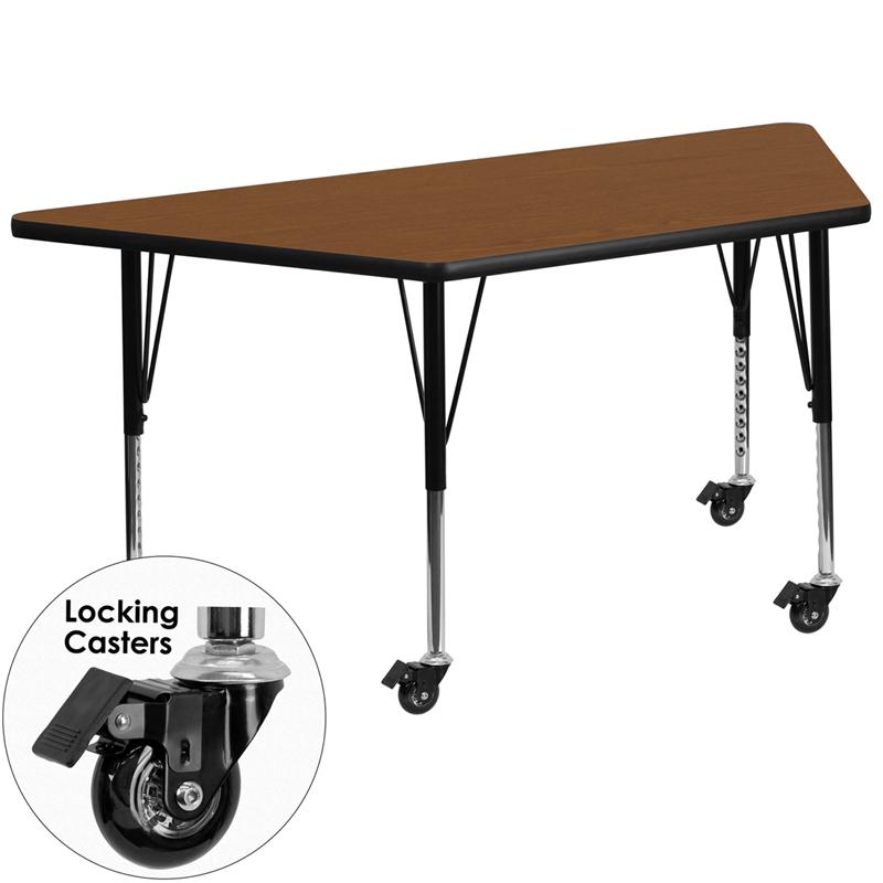 Flash Furniture Mobile 25''W x 45''L Trapezoid Oak HP Laminate Activity Table - Height Adjustable Short Legs - XU-A2448-TRAP-OAK-H-P-CAS-GG