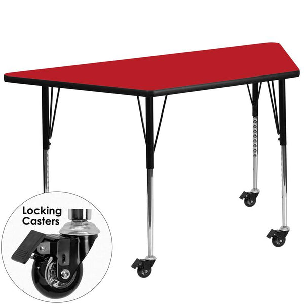 Flash Furniture Mobile 25''W x 45''L Trapezoid Red HP Laminate Activity Table - Standard Height Adjustable Legs - XU-A2448-TRAP-RED-H-A-CAS-GG