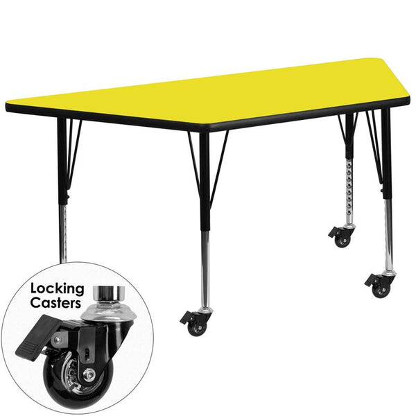 Flash Furniture Mobile 25''W x 45''L Trapezoid Yellow HP Laminate Activity Table - Height Adjustable Short Legs - XU-A2448-TRAP-YEL-H-P-CAS-GG