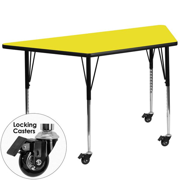 Flash Furniture Mobile 25''W x 45''L Trapezoid Yellow HP Laminate Activity Table - Standard Height Adjustable Legs - XU-A2448-TRAP-YEL-H-A-CAS-GG
