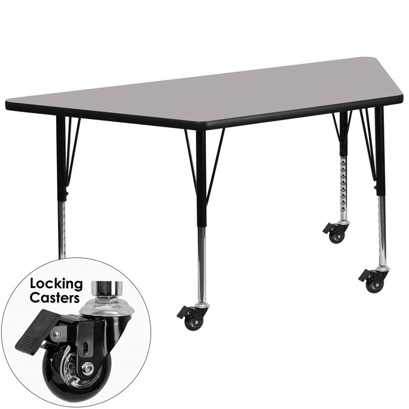 Flash Furniture Mobile 29.5''W x 57.25''L Trapezoid Grey HP Laminate Activity Table - Height Adjustable Short Legs - XU-A3060-TRAP-GY-H-P-CAS-GG