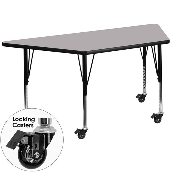 Flash Furniture Mobile 29.5''W x 57.25''L Trapezoid Grey Thermal Laminate Activity Table - Height Adjustable Short Legs - XU-A3060-TRAP-GY-T-P-CAS-GG