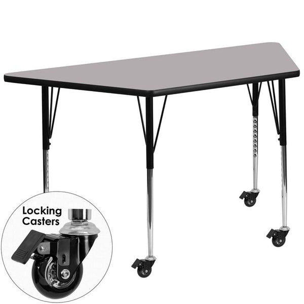 Flash Furniture Mobile 29.5''W x 57.25''L Trapezoid Grey Thermal Laminate Activity Table - Standard Height Adjustable Legs - XU-A3060-TRAP-GY-T-A-CAS-GG