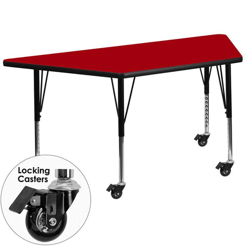 Flash Furniture Mobile 29.5''W x 57.25''L Trapezoid Red Thermal Laminate Activity Table - Height Adjustable Short Legs - XU-A3060-TRAP-RED-T-P-CAS-GG