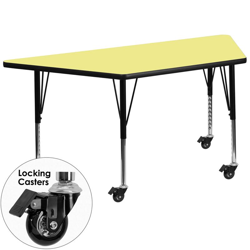 Flash Furniture Mobile 29.5''W x 57.25''L Trapezoid Yellow Thermal Laminate Activity Table - Height Adjustable Short Legs - XU-A3060-TRAP-YEL-T-P-CAS-GG