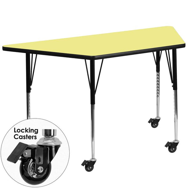 Flash Furniture Mobile 29.5''W x 57.25''L Trapezoid Yellow Thermal Laminate Activity Table - Standard Height Adjustable Legs - XU-A3060-TRAP-YEL-T-A-CAS-GG