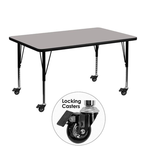 Flash Furniture Mobile 30''W x 48''L Rectangular Grey HP Laminate Activity Table - Height Adjustable Short Legs - XU-A3048-REC-GY-H-P-CAS-GG