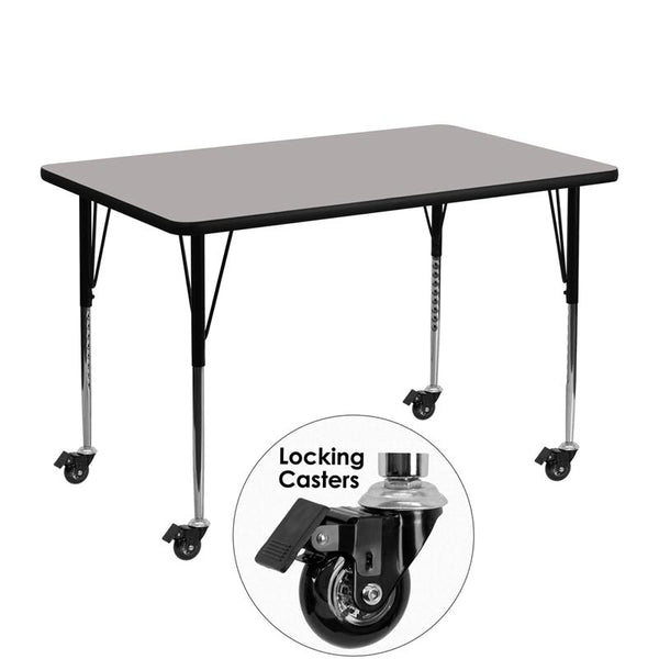 Flash Furniture Mobile 30''W x 48''L Rectangular Grey HP Laminate Activity Table - Standard Height Adjustable Legs - XU-A3048-REC-GY-H-A-CAS-GG