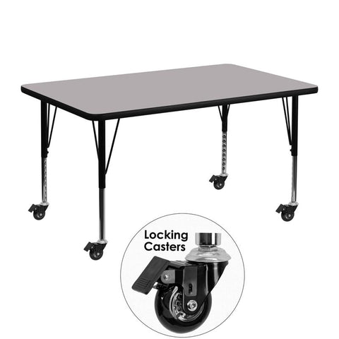 Flash Furniture Mobile 30''W x 48''L Rectangular Grey Thermal Laminate Activity Table - Height Adjustable Short Legs - XU-A3048-REC-GY-T-P-CAS-GG