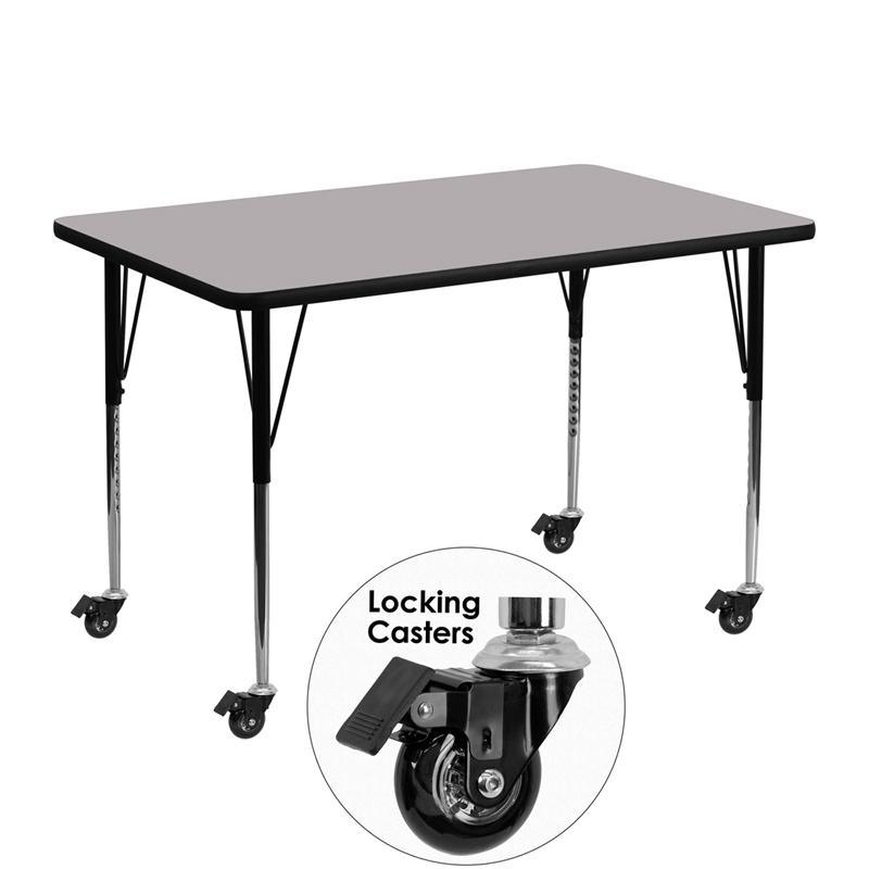 Flash Furniture Mobile 30''W x 48''L Rectangular Grey Thermal Laminate Activity Table - Standard Height Adjustable Legs - XU-A3048-REC-GY-T-A-CAS-GG